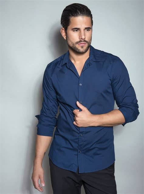 navy blue shirt with black pants|More.